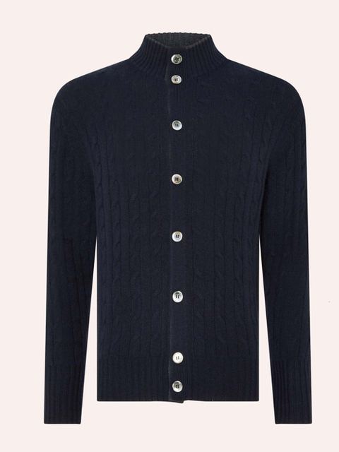Men’S Pure Cashmere Cable Knitted Cardigan With Shell Buttons