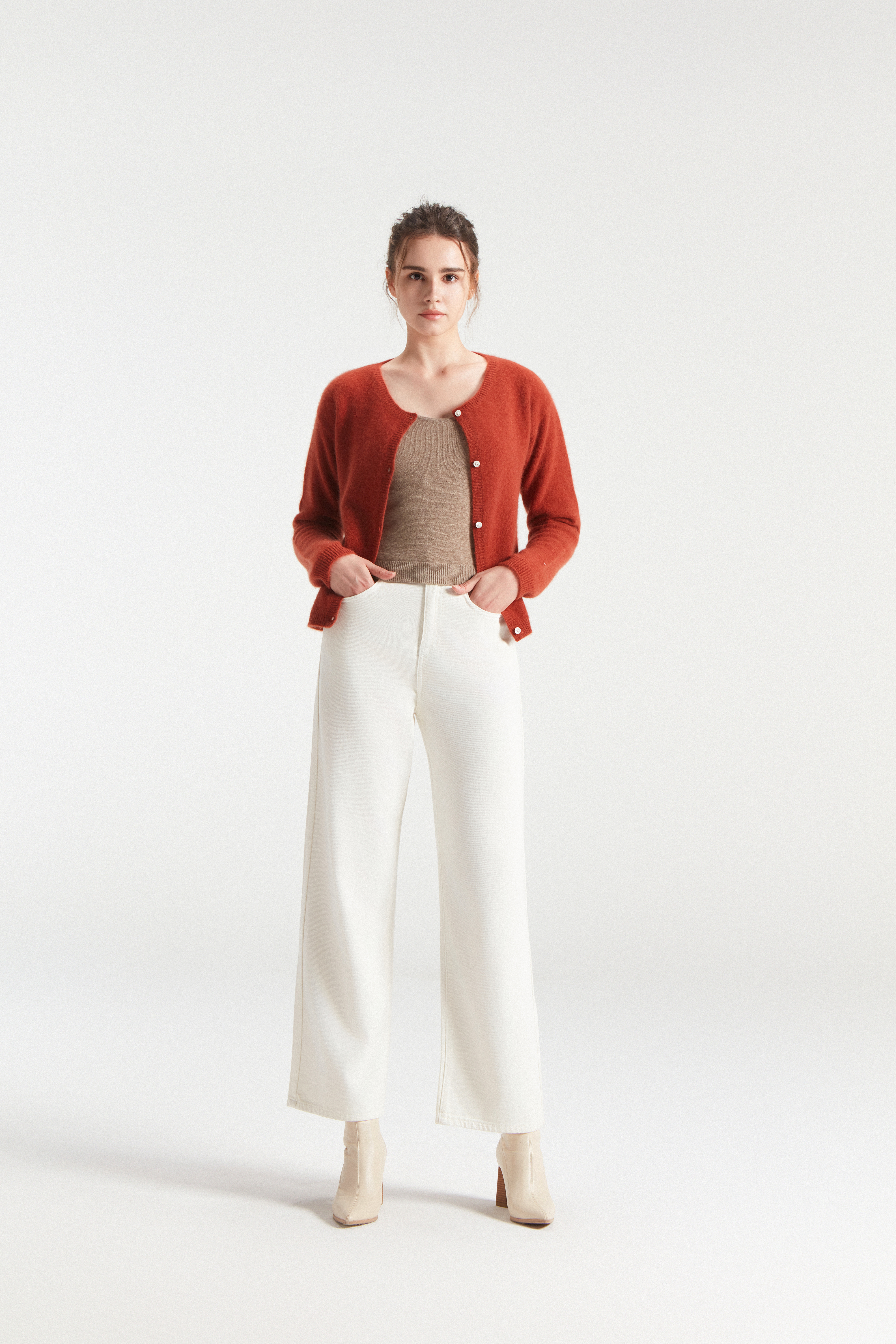 Women's Pure Brushed Cashmere Round Neck Red Button Cardigan
