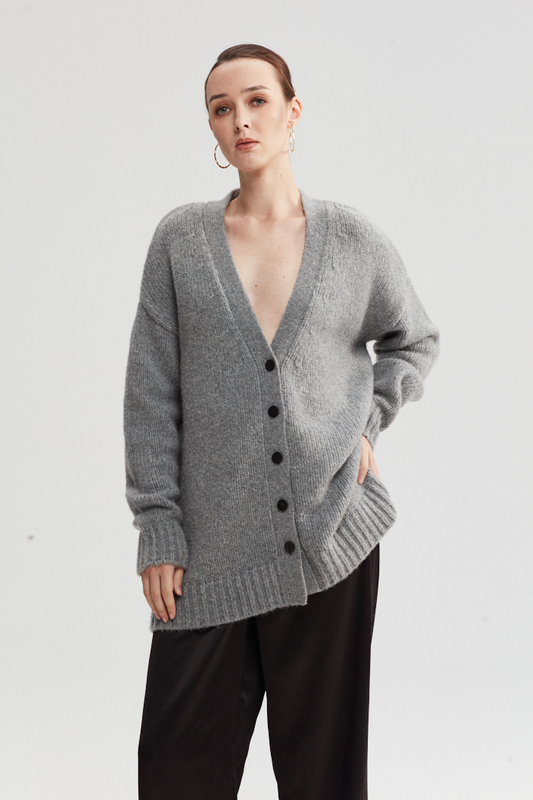 Grey Knit Long-sleeves Cardigan
