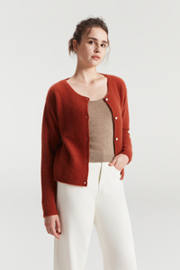 Women's Pure Brushed Cashmere Round Neck Red Button Cardigan