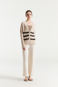 Women's V neck Wheat Stripe Pure Cashmere Button Cardigan 