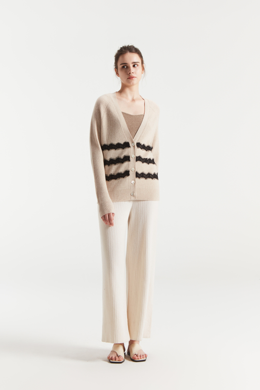 Women's V neck Wheat Stripe Pure Cashmere Button Cardigan 