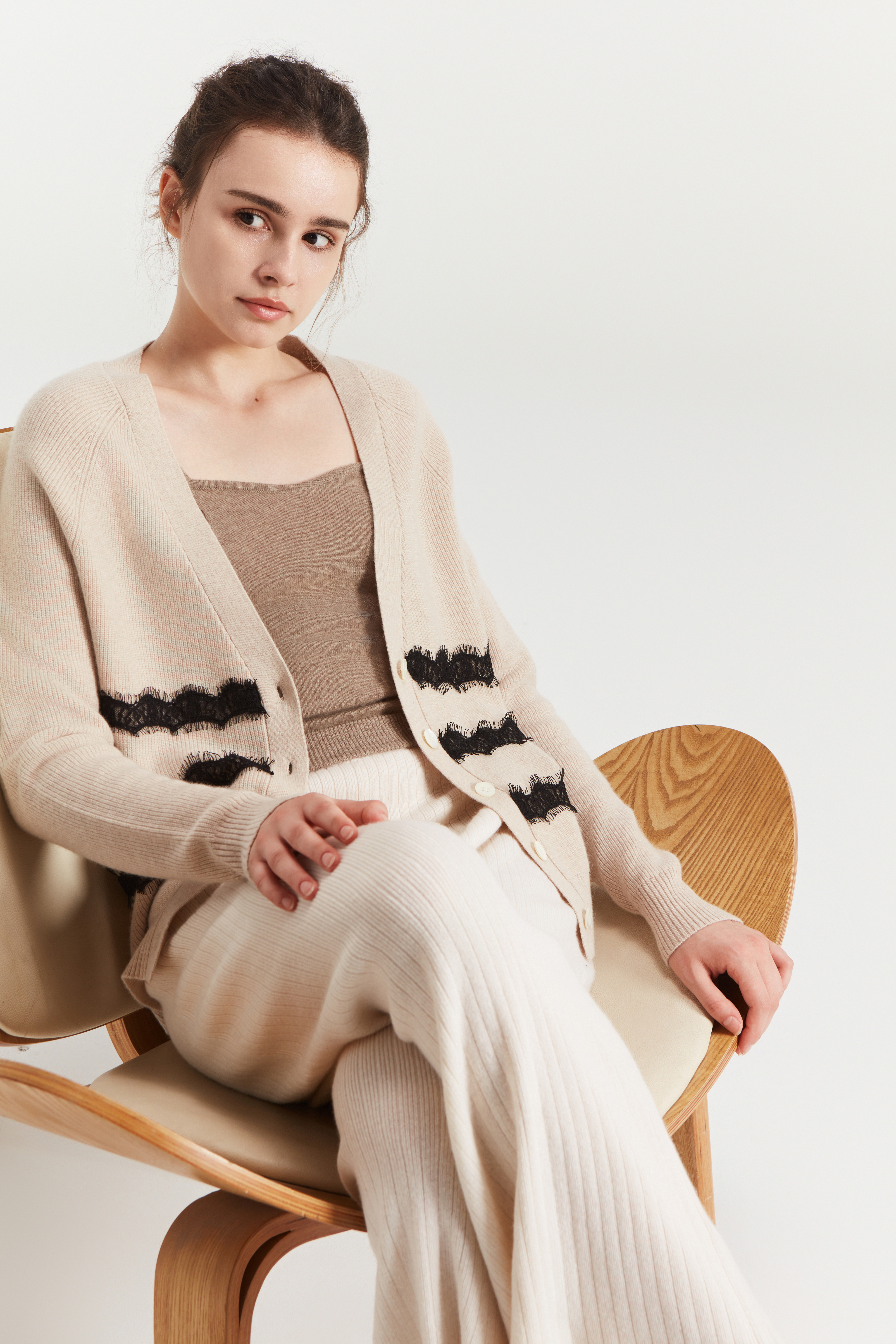Women's V neck Wheat Stripe Pure Cashmere Button Cardigan 