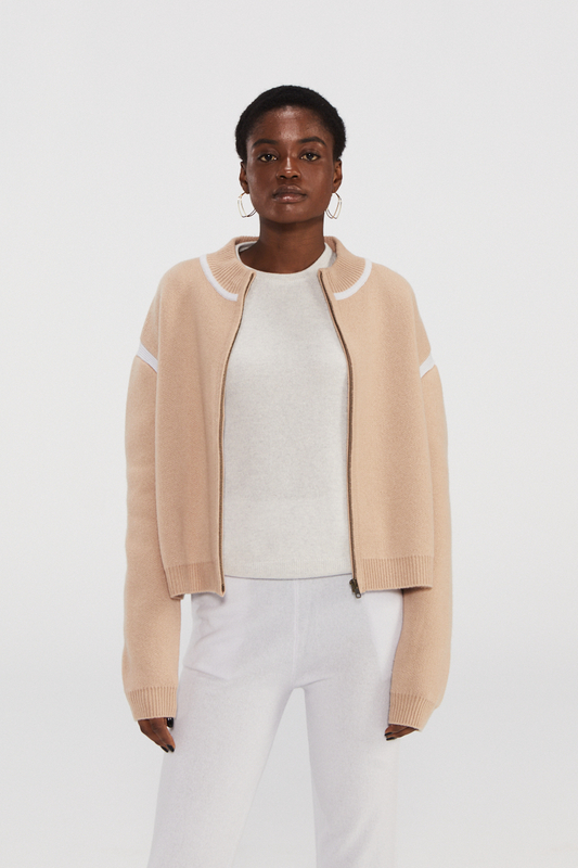 Beige Cashmere Knit Bomber Jacket with White Trim