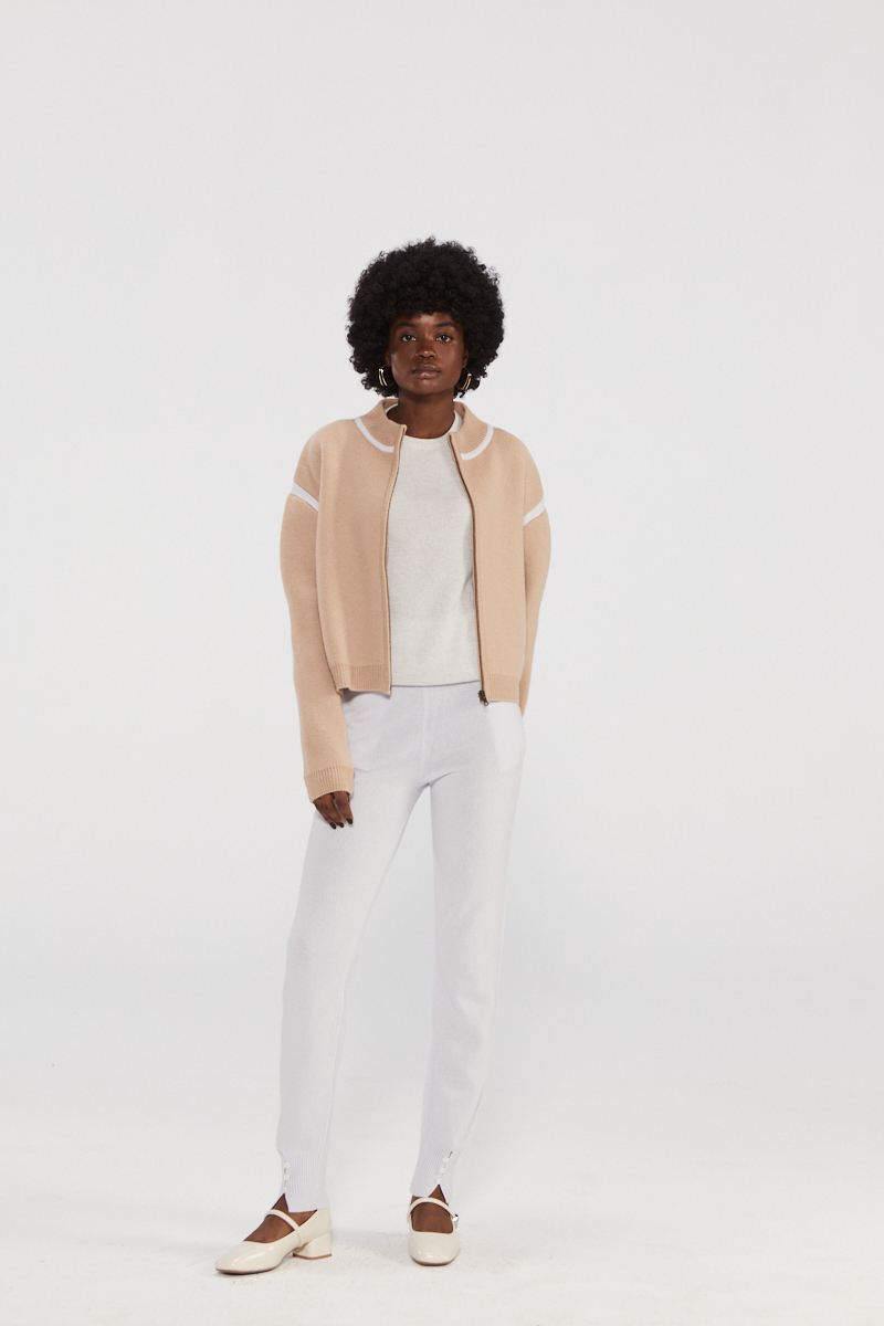 Beige Cashmere Knit Bomber Jacket with White Trim