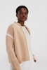 Beige Cashmere Knit Bomber Jacket with White Trim