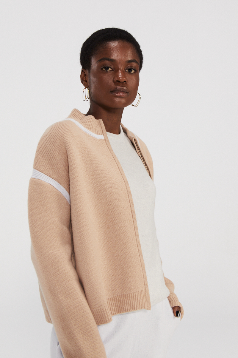 Beige Cashmere Knit Bomber Jacket with White Trim