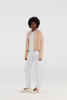 Beige Cashmere Knit Bomber Jacket with White Trim