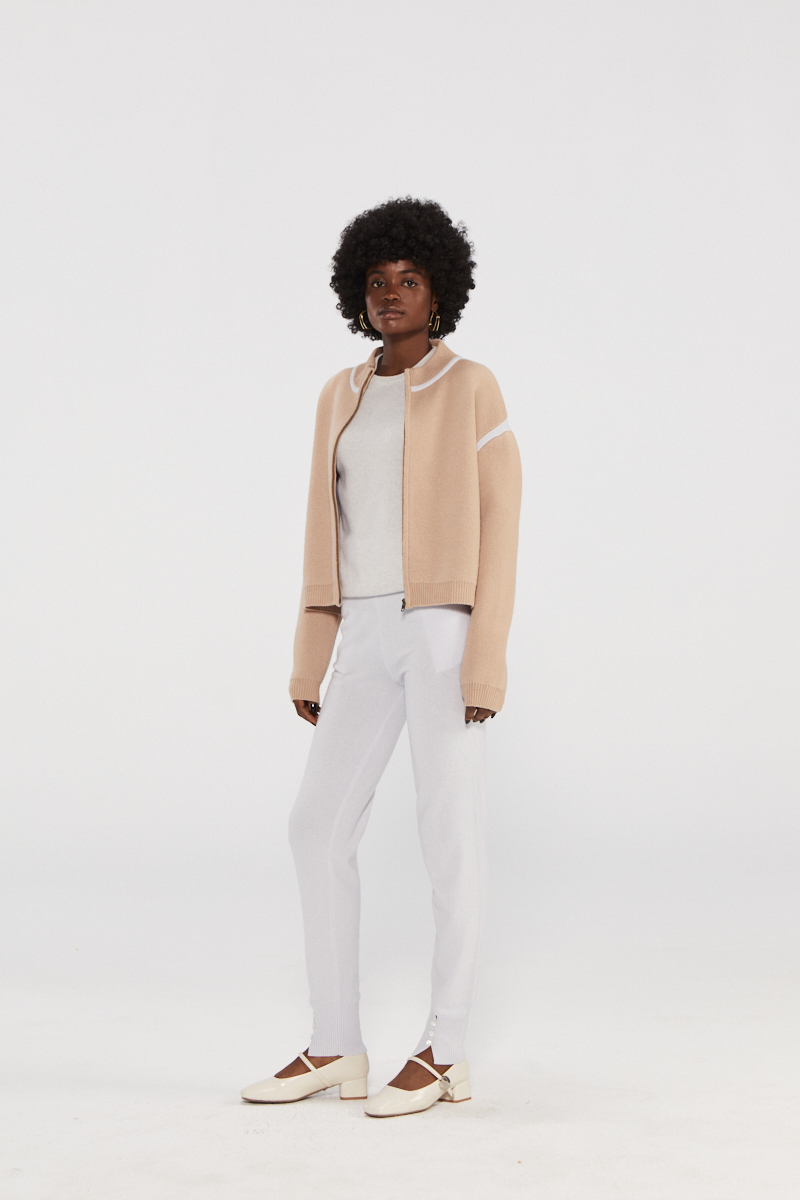 Beige Cashmere Knit Bomber Jacket with White Trim