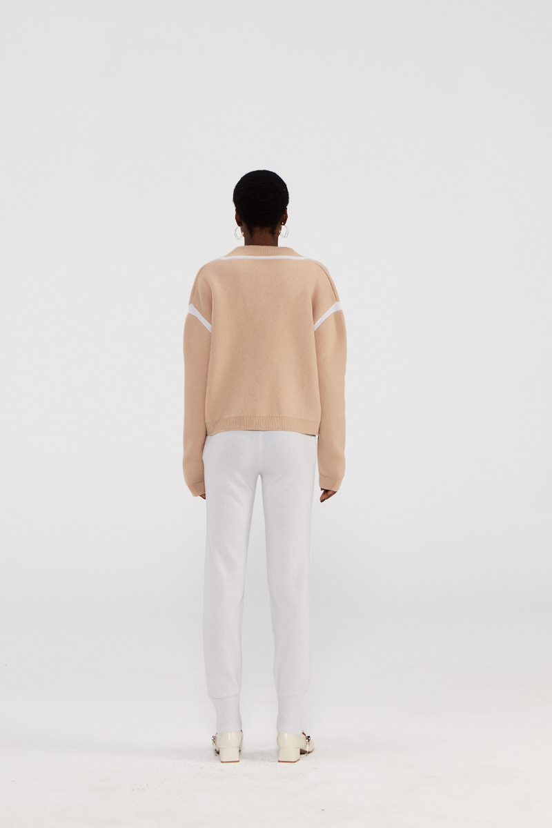 Beige Cashmere Knit Bomber Jacket with White Trim