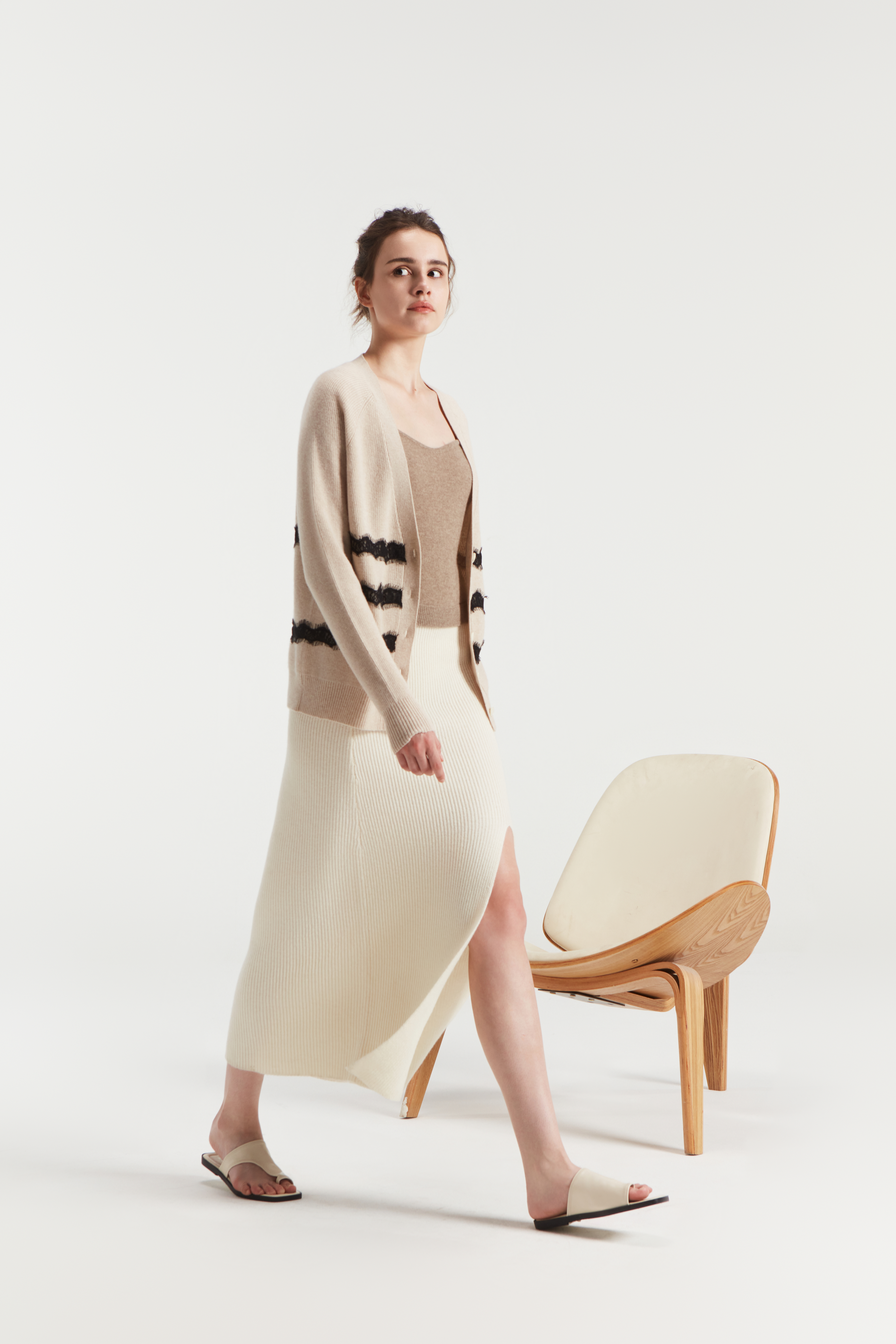 Women's V neck Wheat Stripe Pure Cashmere Button Cardigan 