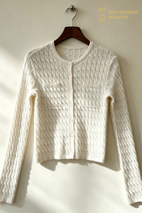 100% Kasmir Kabel Knit Crew Pullover Leher, 16GG S6603