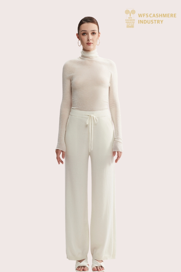 Vrouwen 100% Merino Solid Wol Wijde Pijpen Broek Elastische Hoge Taille Effen Kleur Losse en Warme Gebreide Rechte Pijpen Broek, Kaki, M