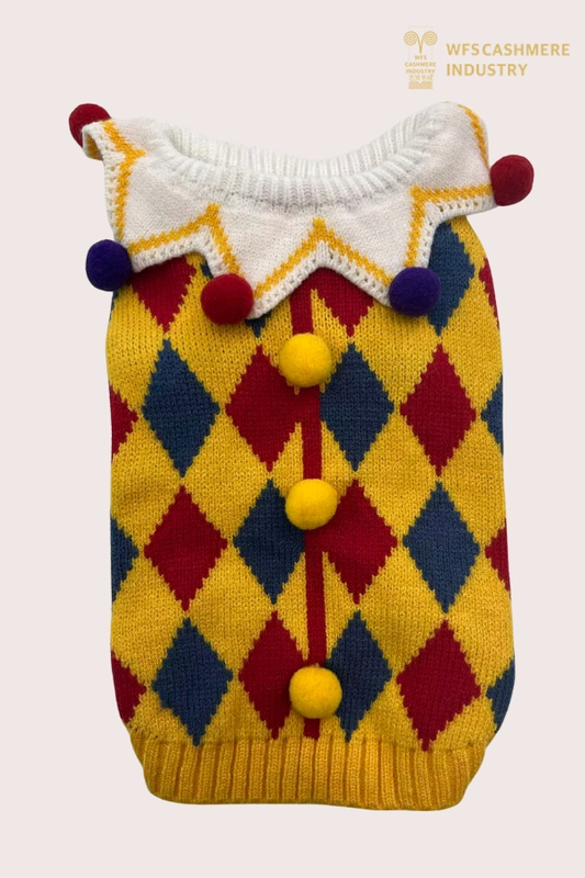 7GG Harlequin Jester Pet Sweater with Pom-Pom Collar | Costume Pet Knitwear OEM