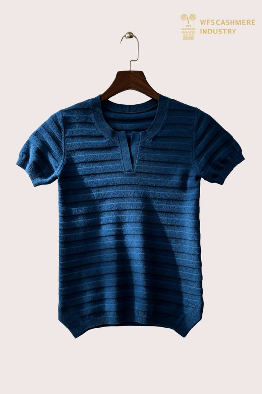 100% Cashmere Striped Short Sleeve Crew Neck Top, 12GG S2612
