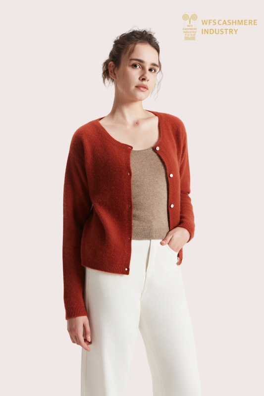 Women's Pure Brushed Cashmere Round Neck Red Cardigan | Premium Knitwear Manufacturer