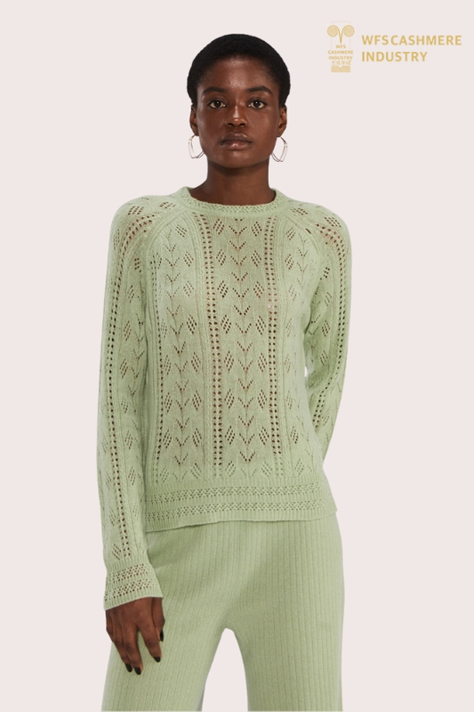 Premium 12GG Lightweight Cashmere Openwork Sweater in Sage Green | OEM Knitwear Manufacturer