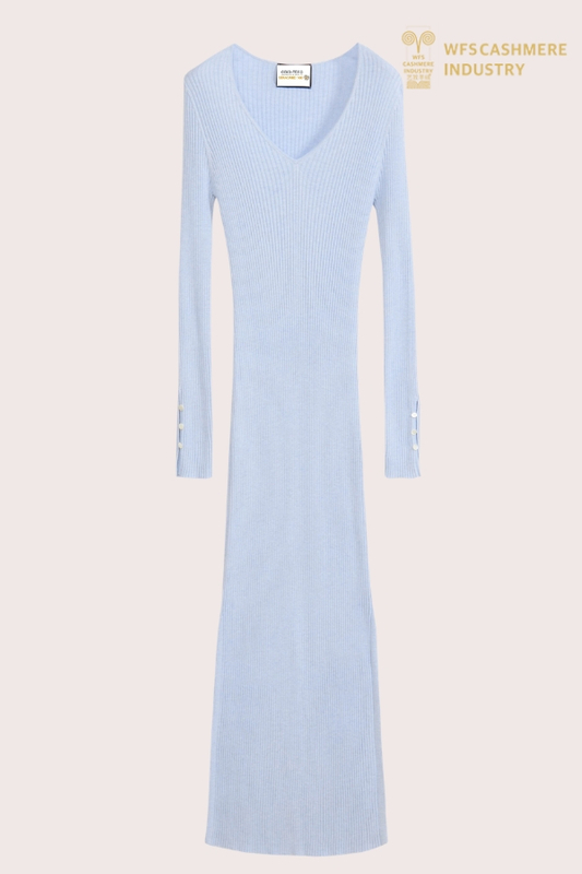 Women's Elegant V-Neck Cashmere Long Dress | Luxury Knitwear OEM Manufacturer