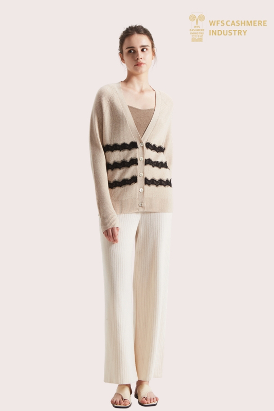 Women's Pure Cashmere V-Neck Button Cardigan with Wheat Stripe | Custom Knitwear OEM Manufacturer