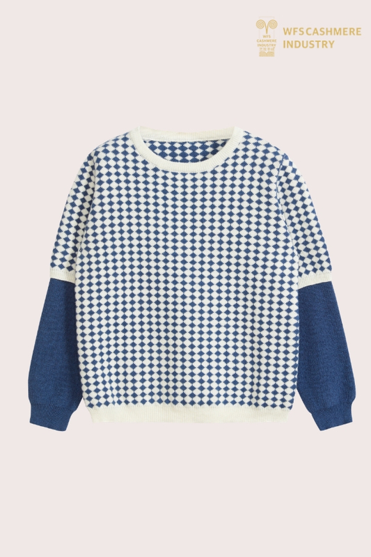 Boy's Blue Checkerboard Patchwork Cotton Cashmere Pullover | Intarsia Kids Knitwear OEM