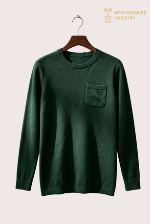 100% Cashmere Crew Neck Pullover na May Pocket sa Dibdib, 12GG S2608